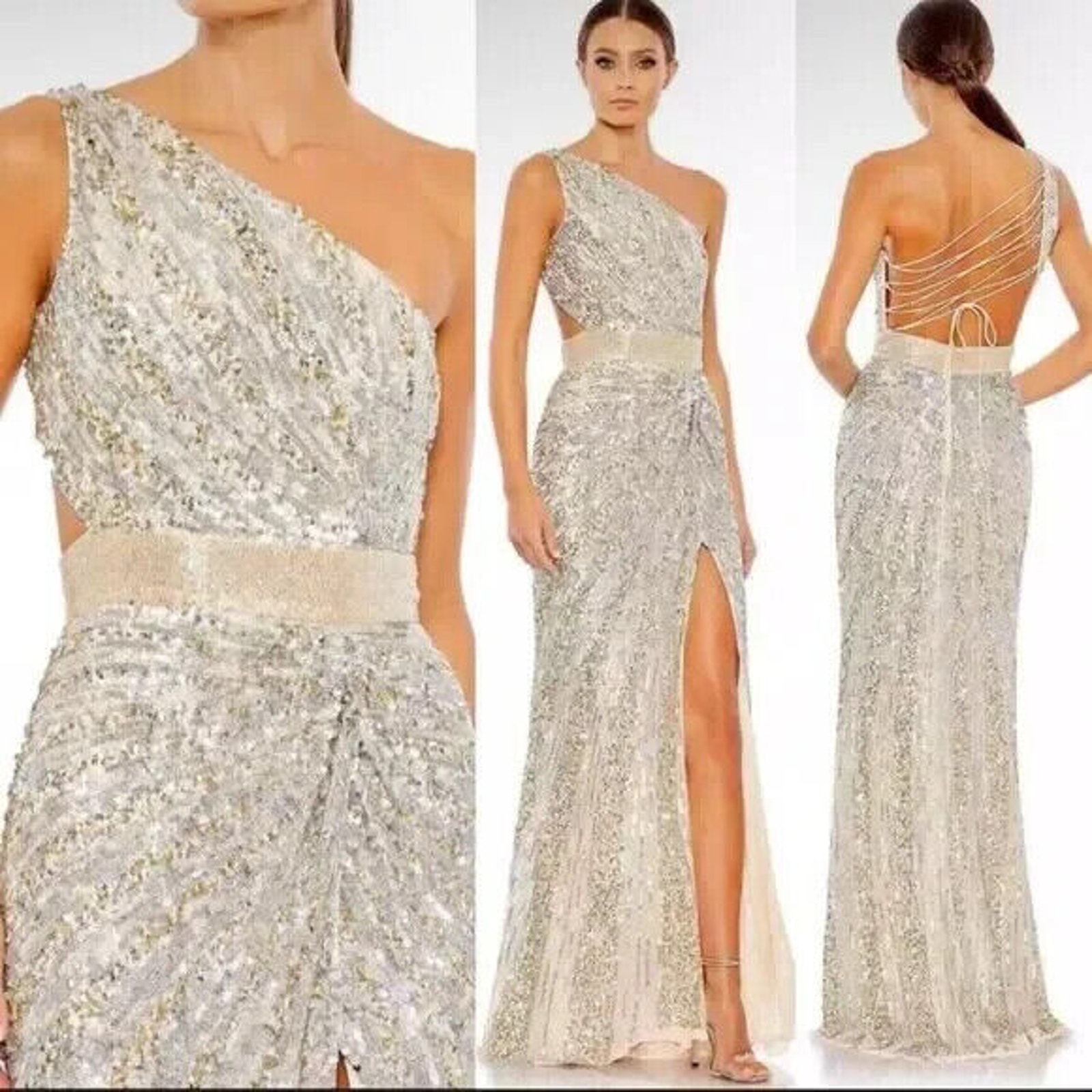 Nwt Mac Duggal 5687 Sequined One-Shoulder Lace-Up Open Back Gown Nude Silver 10